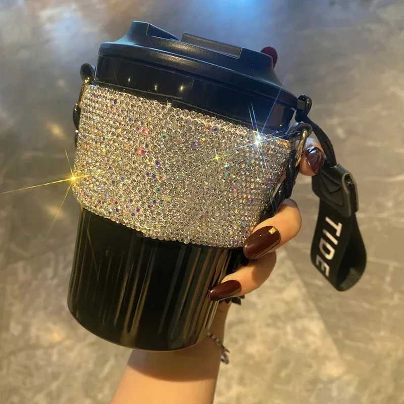 Chain Carry Straight Drink Coffee Cup Rhinestone PC/PP Portable Eco Friendly Non-slip Reusable Mug Outdoor Travel Water Bottle XJ250728