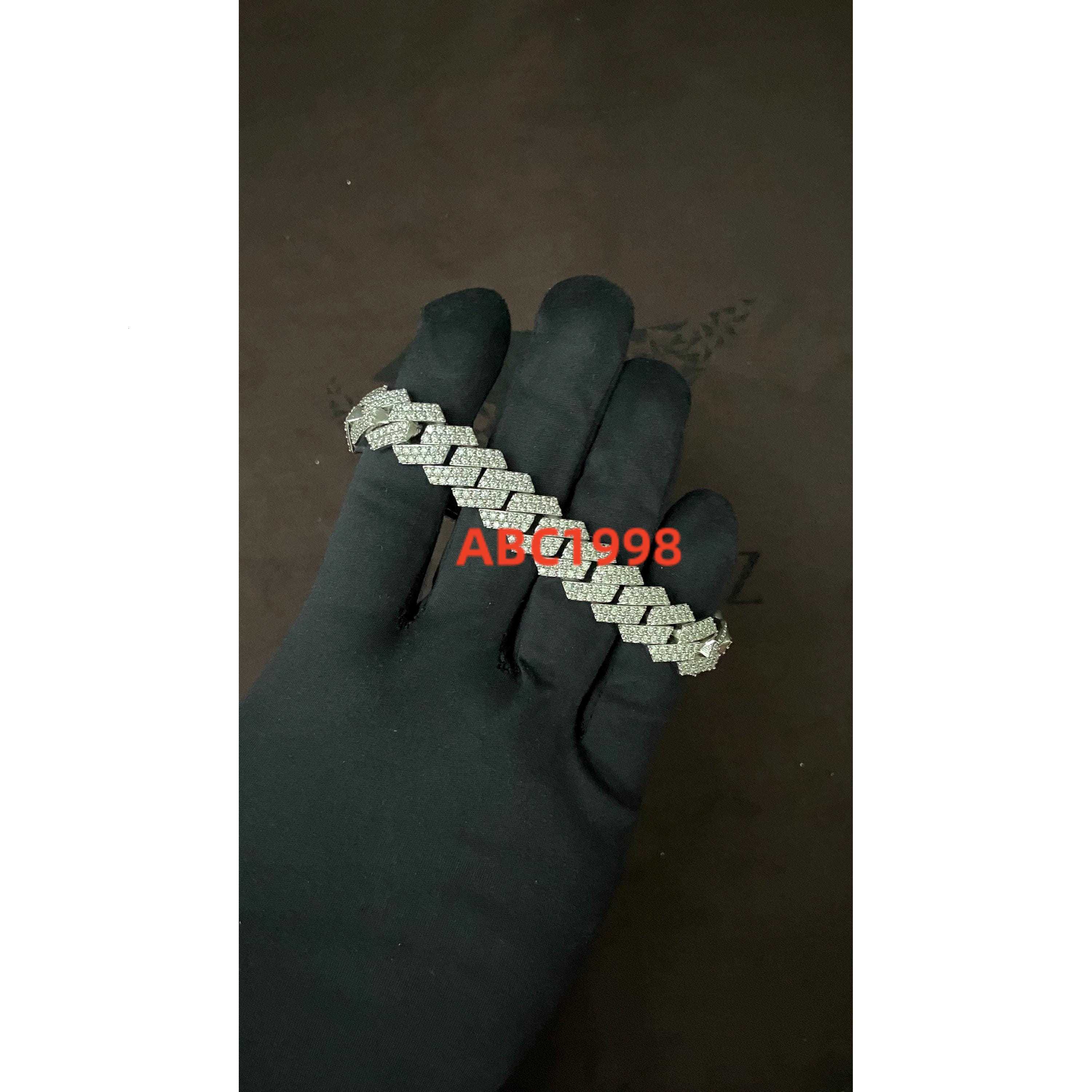 Solid 925 Sterling Silver 14mm Prong Cuban Link Bracelet with VVS Moissanite Diamonds Passes Diamond Tester