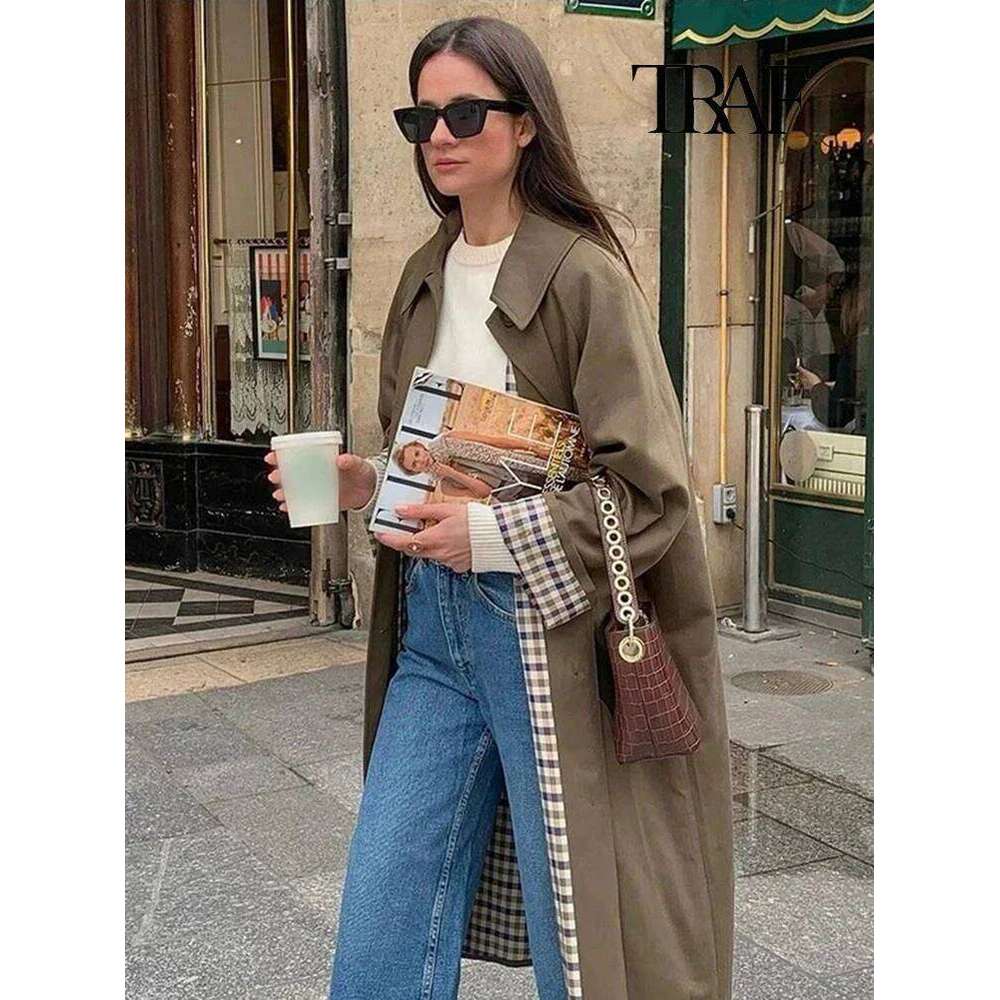 TRAF Women's Fashion Long Trench Retro Loose Single-Breasted Autumn And Winter Lapel High Street Temperament Coat