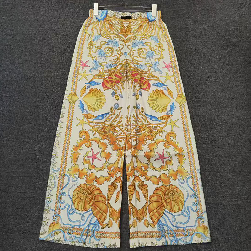 Female Vintage Designer Trousers Wide Leg Elastic Waist Trousers Autumn Beach Vacation Trousers