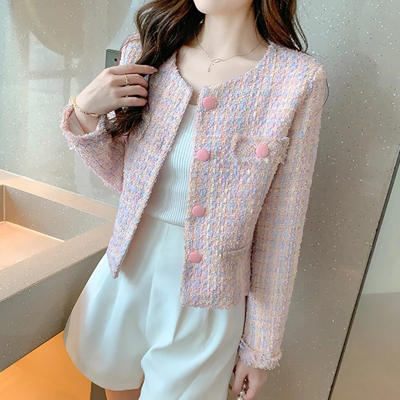 Women Pink Tweed Jacket Elegant Buttons Up Cardigan Coat Female Long Sleeve Tassel Office Outerwear Autumn Winter Chic Overcoat 250728