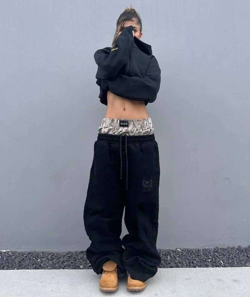 Y2K pants vintage Haruku double Embroidered waist Sweatpants Men Wome Hip Hop Casual High waisted Wide Leg Pants Streetwear