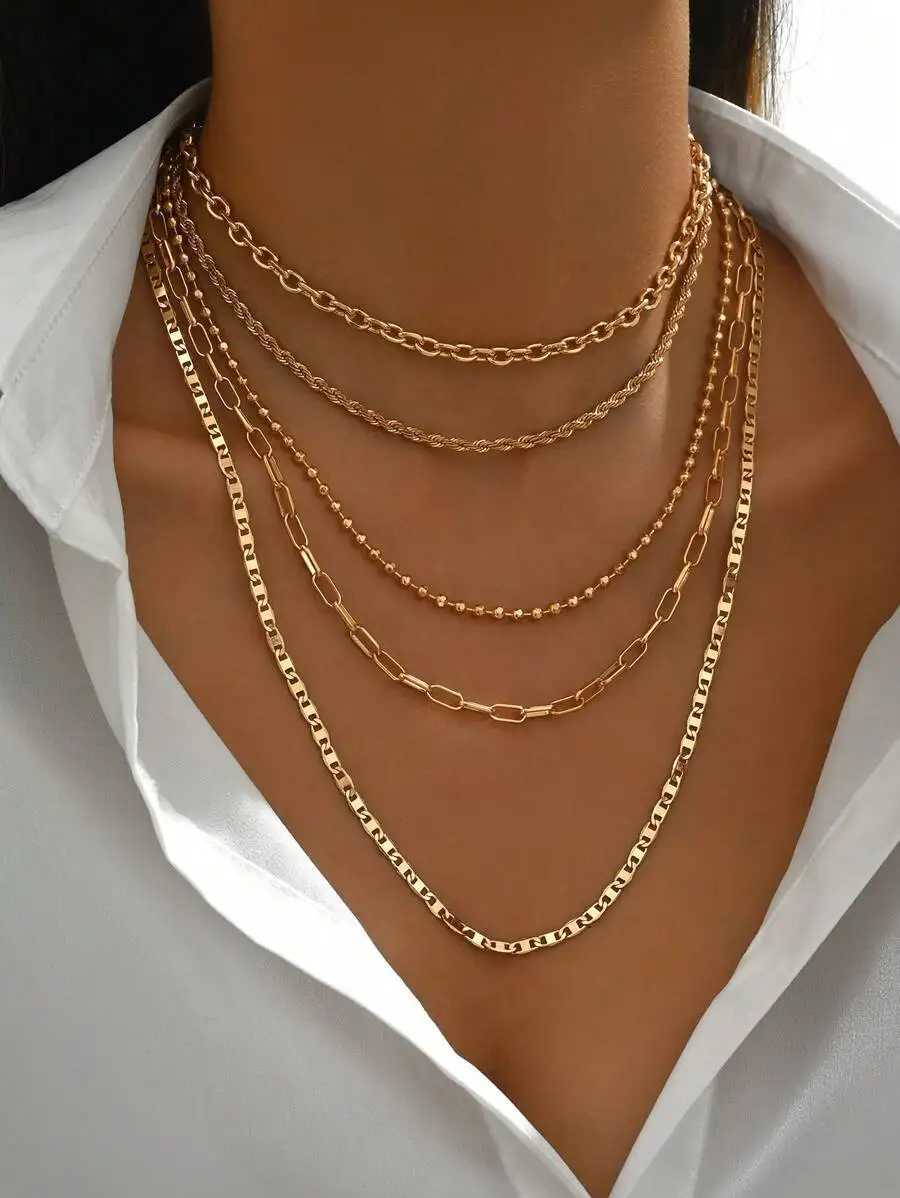 5pcs/Set Simple Braided Bead Chain Necklaces Gold Tone Layered Pendant Necklace Set for Women Daily and Party Wear XJ250708