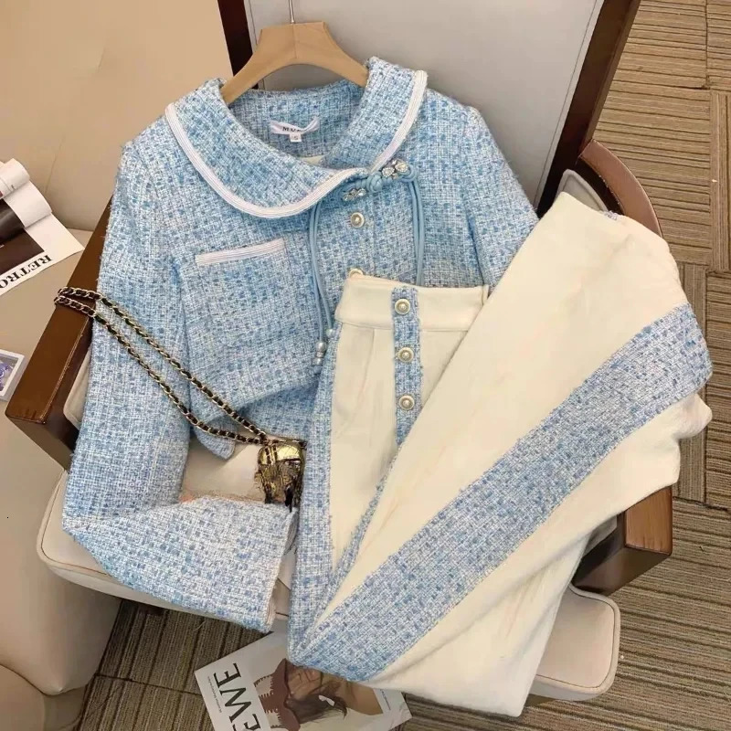 Spring Fashion Elegant Peter Pan Collar Chic Tassel Vintage Women Coat Blue Tweed Jacket High Waist Long Pants Two Pieces 250728