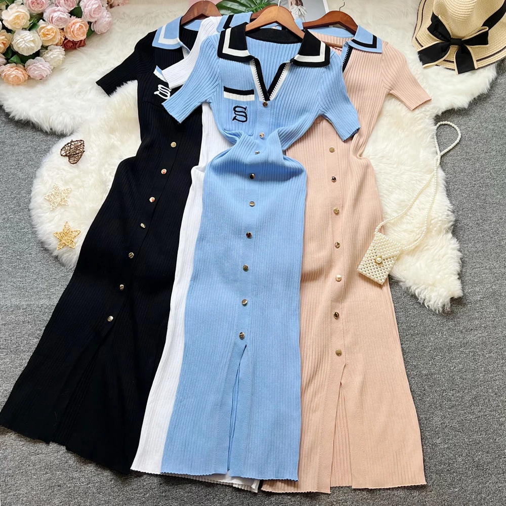 Summer Women Knitted Long Dress Elegant Embroidery Slim Elastic Bodycon Sweater Office Lady Dresses 250728