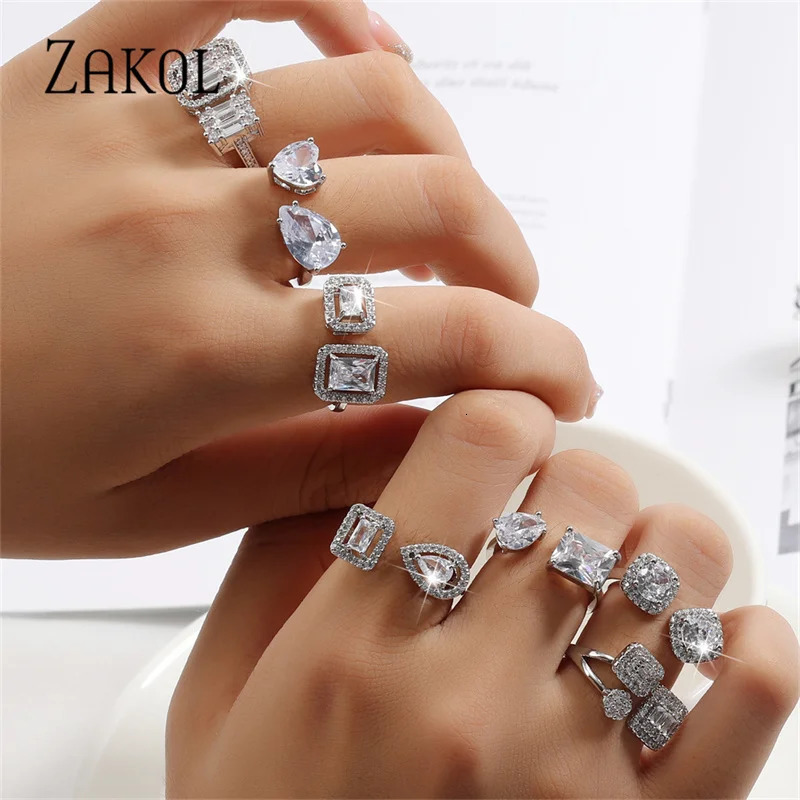 ZAKOL Shinny Geometric Square Crystal Open Rings Fashion Cubic Zirconia Engagement Ring for Women Wedding Jewelry 250728