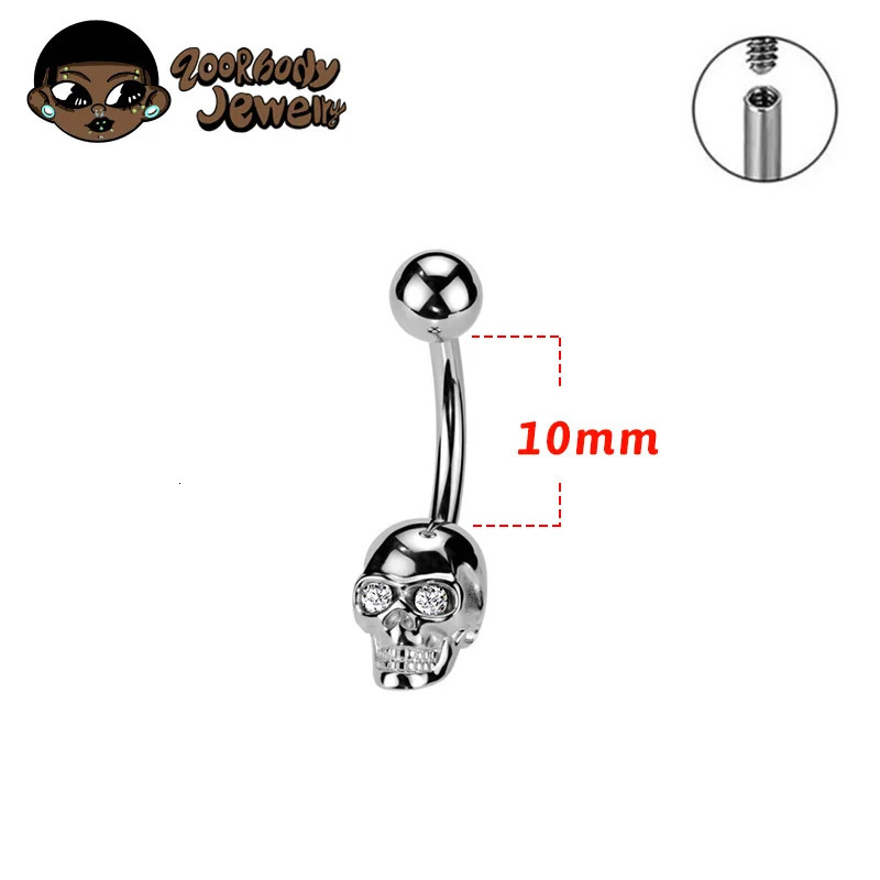 ASTM 36 Skull CZ Belly Button Ring Piercing 14G Female Thread Anodized Jewelry Punk Rock Gothic Body Belly Piercing 250722
