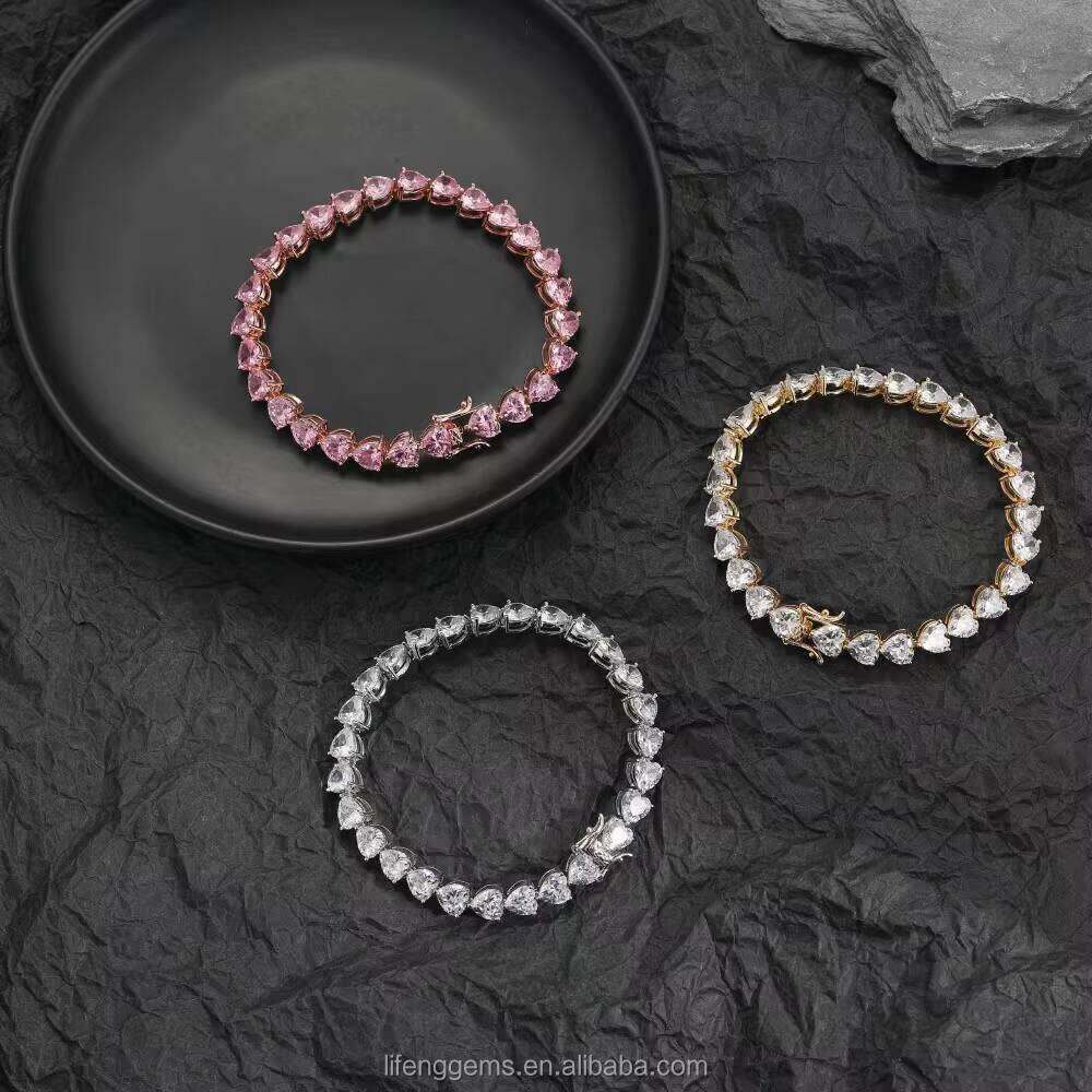 Custom Fine 6.5-9inches Heart Cut Moissanite Dia Women's Tennis Chain Bracelet Necklace Elegant Gold Sterling
