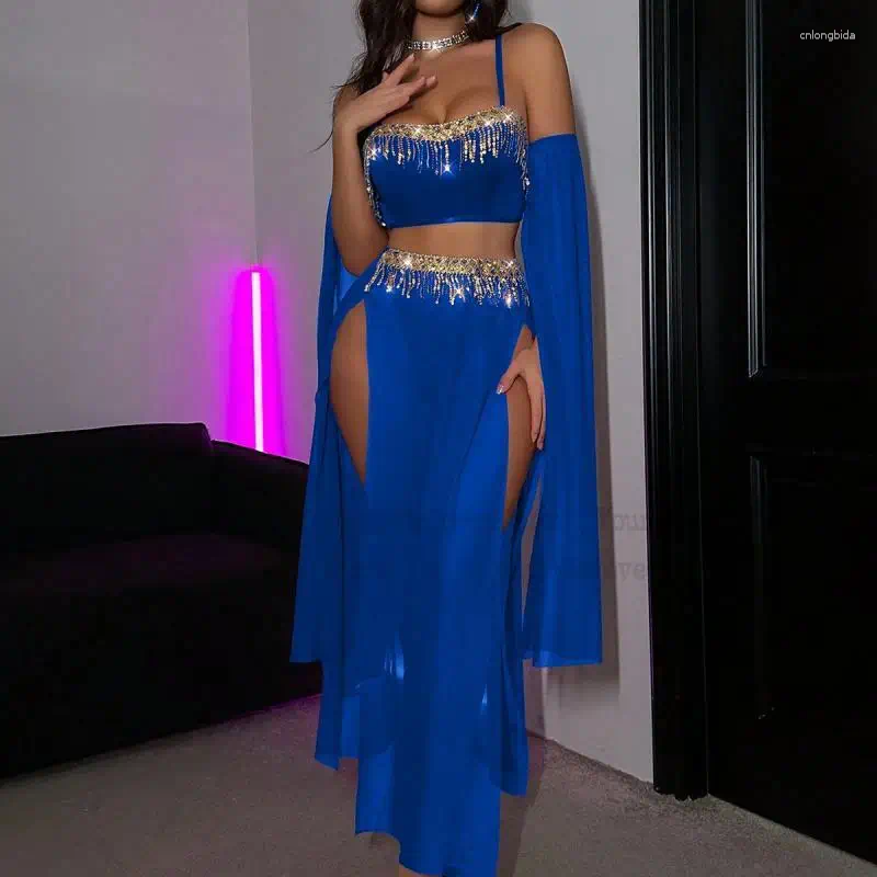 Stage Wear Sexy Pole Dance Sparkly Sequins Tassel Mesh Bra Lady Belly Performance Costume Lace Lingerie Suit