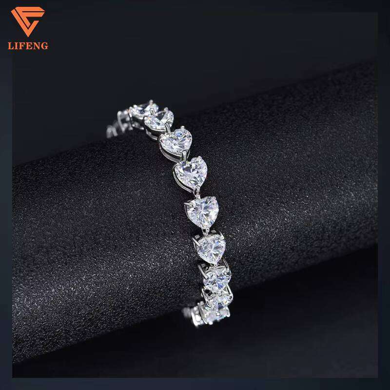 Women Shape 7x7mm VVS Moissanite Dia Tennis Link Chain Bangle Sterling Sier Heart Bracelet