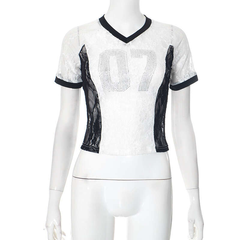 D24tp670 Women's Autumn Winter Letter V-Neck Rhinestone American Style Lace Color Block Patchwork Top T-Shirt B5