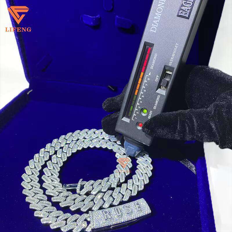 Custom Iced VVS1 Moissanite Necklace with Sterling Sier Cuban Link Chain & Baguette Dia Hip Hop Men's Jewelry
