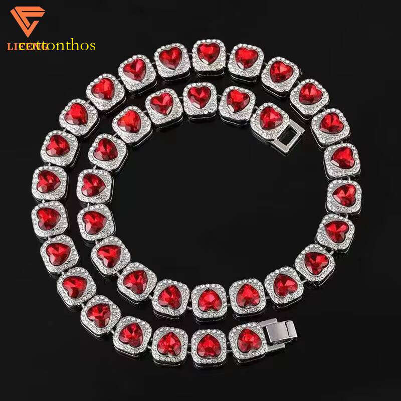 Fashion Jewelry Men Women 13mm Iced Out Red Heart Love Tennis Chain Necklace Gold Plated Moissanite Dia Stone Hip Hop Style