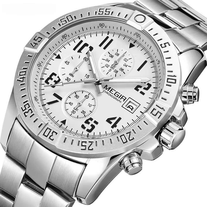 DHgargets MEGIR 2030G Men's Chronograph Watch - 35mm Stainless Steel, Waterproof, Date, Business Quartz Watch with Solid Bracelet
