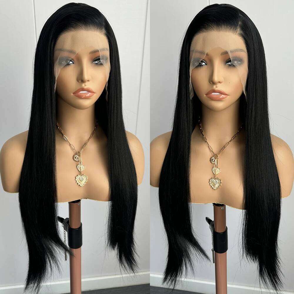 Black Synthetic Long Silk Straight High Quality Lace Front Human Wigs For Women Daily Use Cosplay Wig