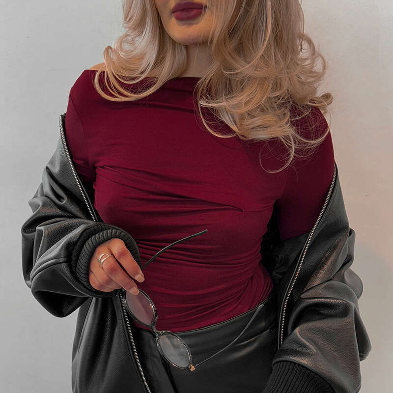 Y24tp624 Autumn Winter Women's Solid Color Off-Shoulder Asymmetrical Ruched Long Sleeve T-Shirt Top B5