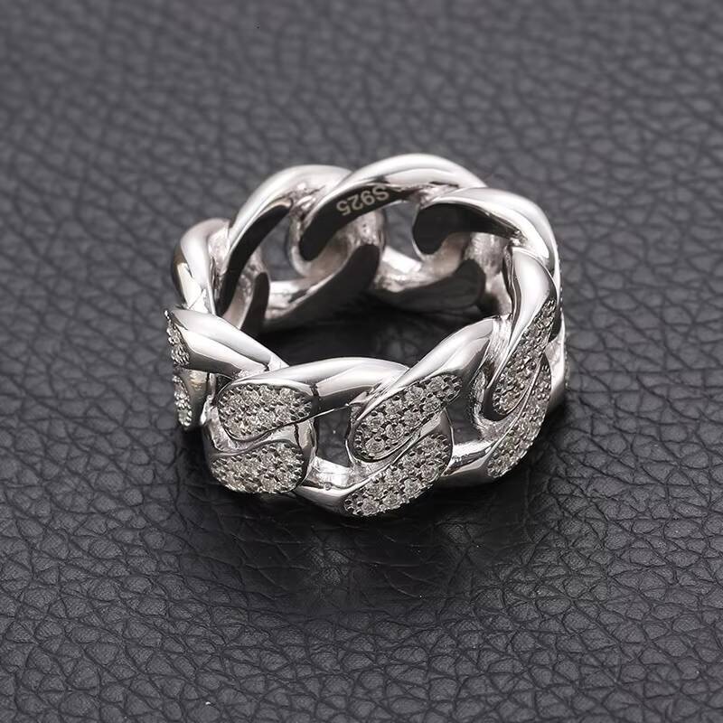 Wholesale Hip Hop Jewelry S925 Sterling Silver Ring VVS Moissanite Ring Wedding Party Jewelry Cuban Chain Iced Out Ring for Men