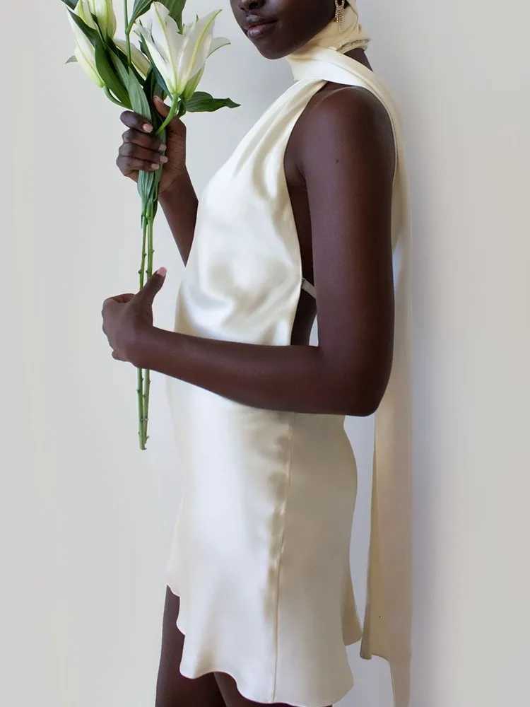 100% Cotton Patchwork Formal Dresses For Women Halter Collar Off Shoulder Sleeveless High Waist Backless Satin Mini Dress Female Style Z250728