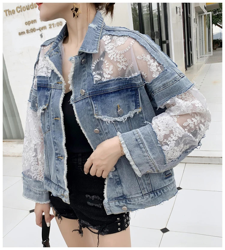 Autumn Streetwear Fashion Embroidery Lace Patchwork Sexy Denim Jacket Womens Wear Tassel Loose Denim Jacket 250728