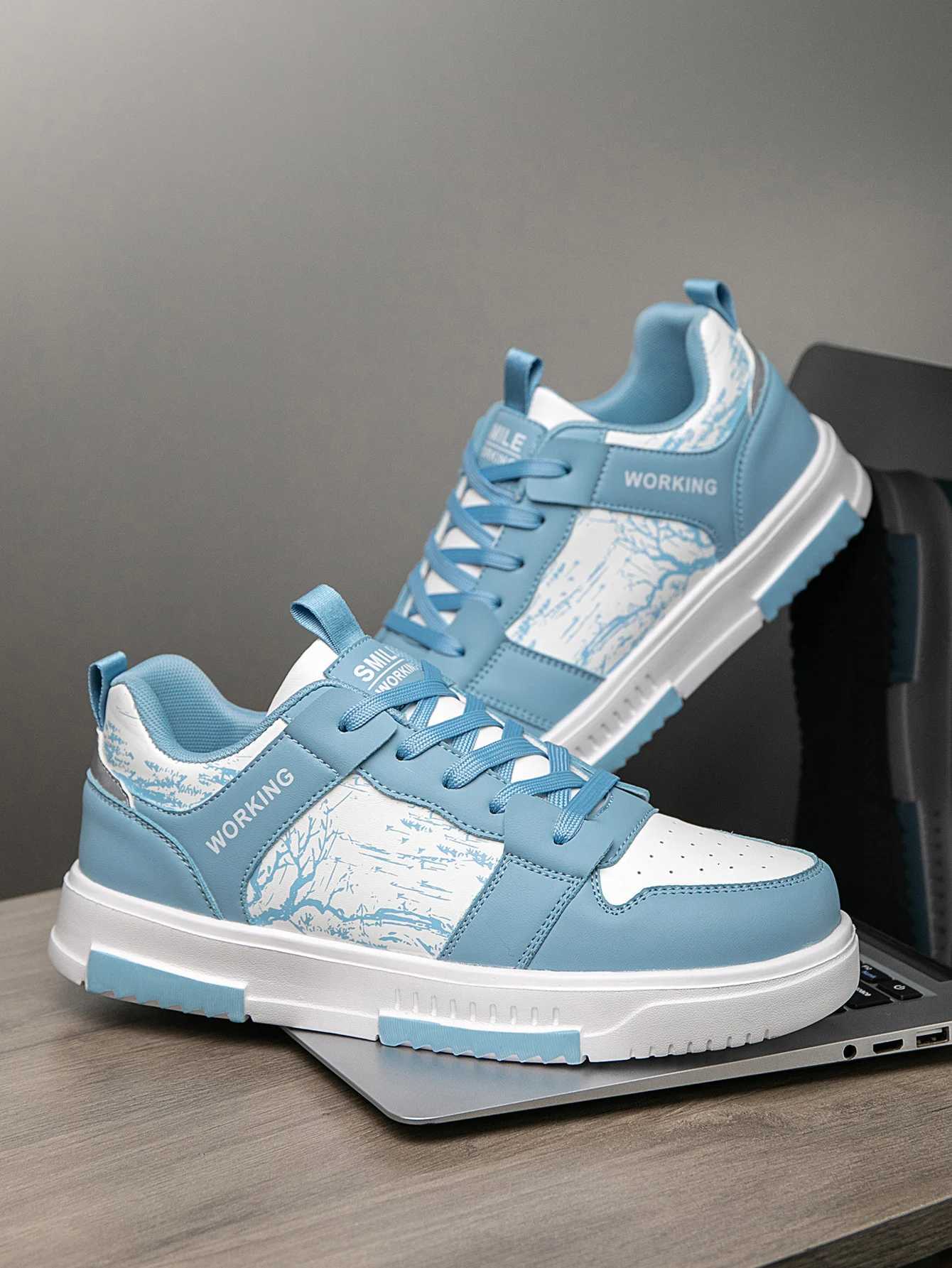 Mens For Pattern Fionable Stylish Sky Blue Contrasting Color Comfortable Skateboard Shoes Niche Design Preppy Style Front Strap Versatile Love Shoes Y