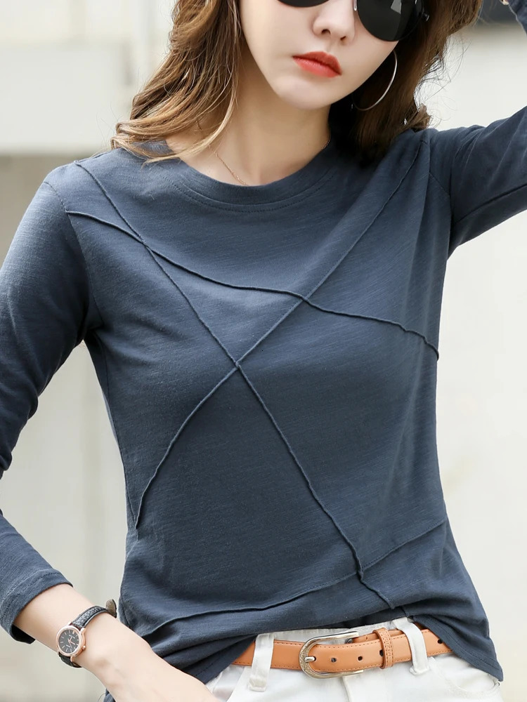 Autumn Long Sleeve Women ONeck Bamboo Cotton TShirt Elegant Loose Ribbed Fashion Tee Shirt Simple Ladies Tops 250728