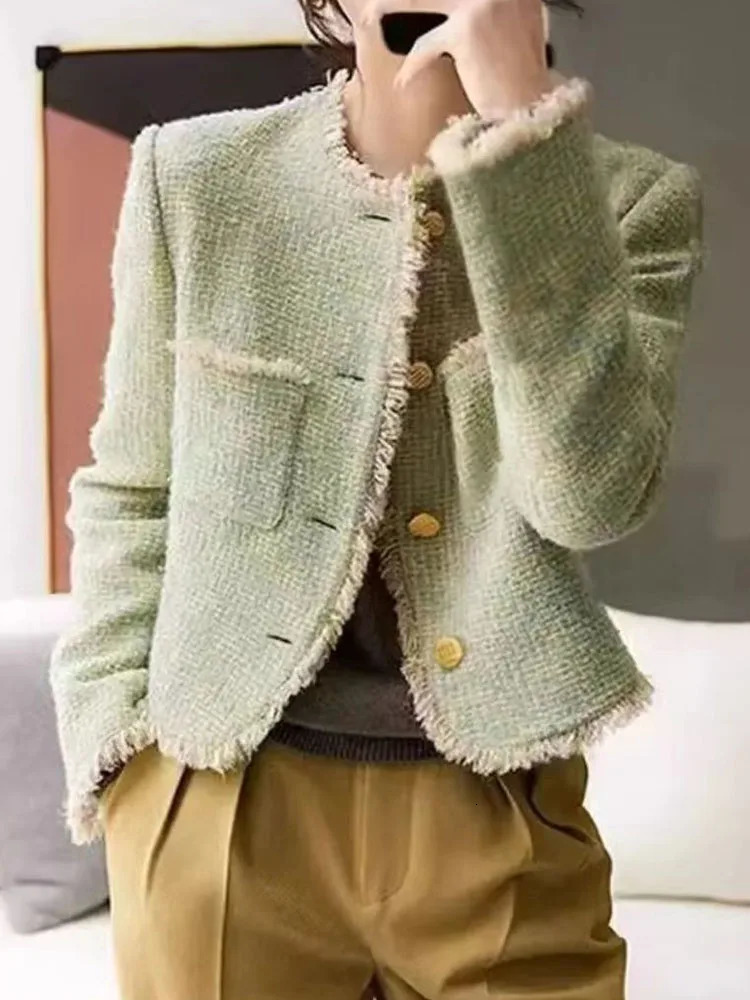 Korean Fashion Tweed Jackets Tops Women Casual Oneck Single Breasted Coats Spring Fall Elegant Long Sleeve Blouses 250728