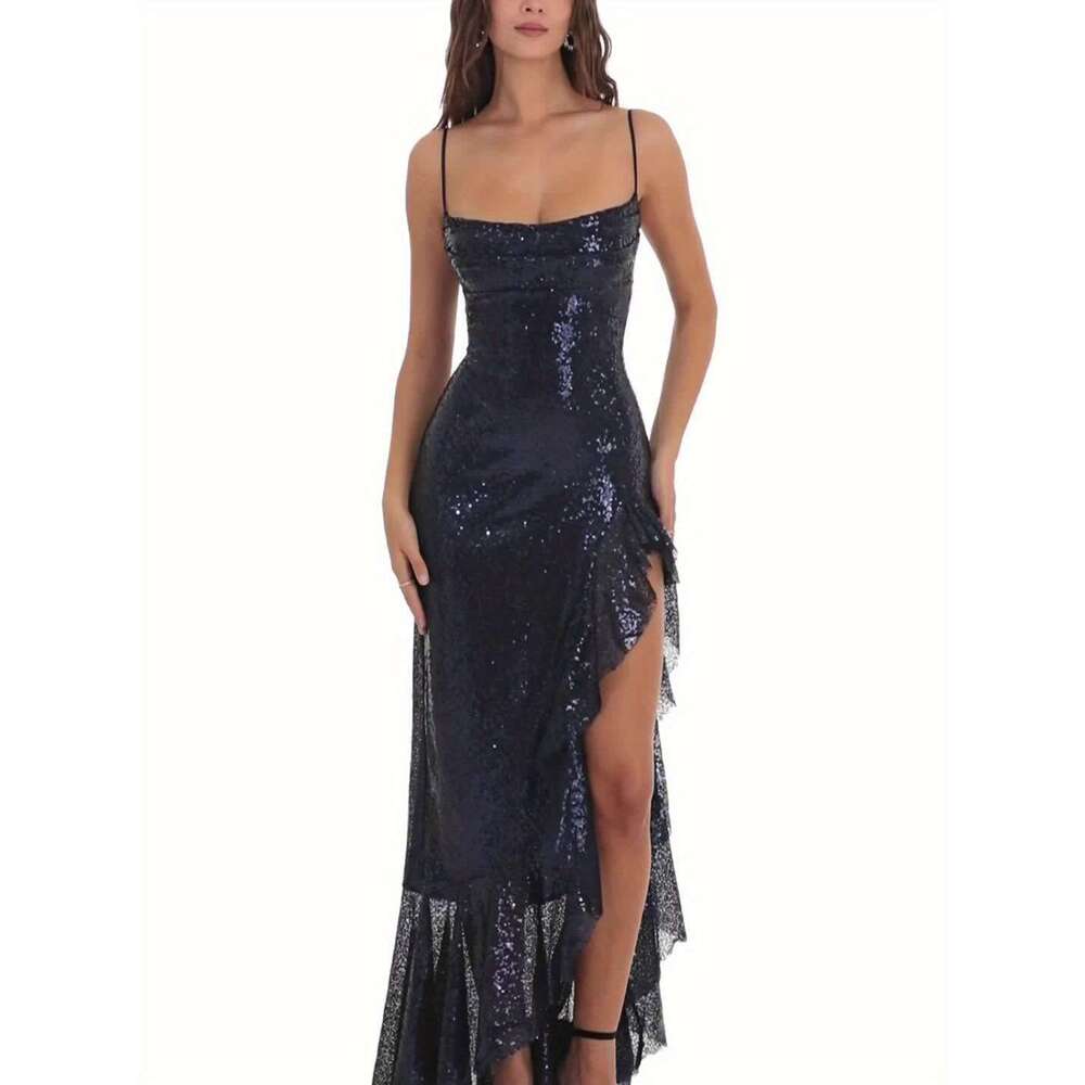 Elegant Deep Blue Sequin with High Slit - Sleeveless, Ruched Design, Floor-Length Dress Women, Perfect for Parties & Events, Formal Evening Gown