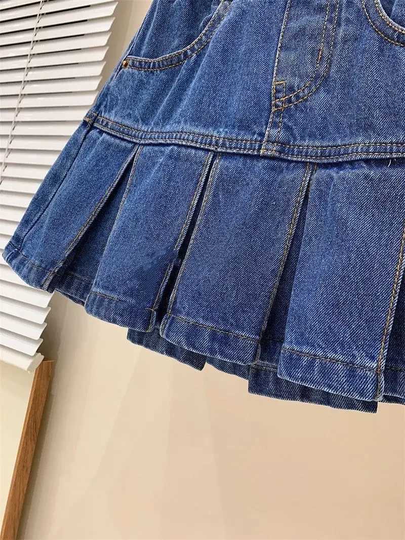 Girls Denim Skirt Pants 4-12Y Children Summer Clothing Spring Autumn College Style High Waisted Washed Denim Pleated Skirt R250728