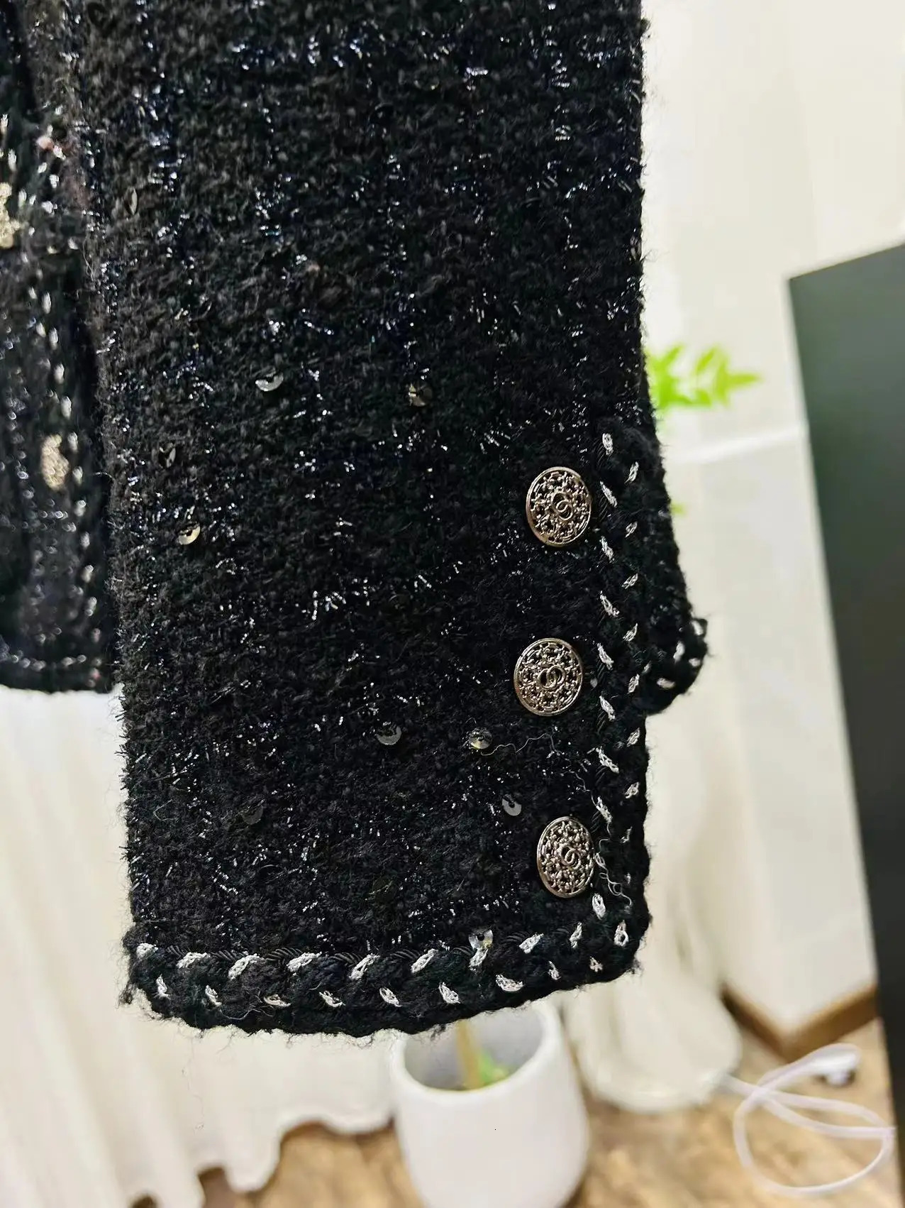 Fashion Black Heavy Industry Sequin Shiny Silk Tweed Temperament Celebrity Little Fragrance Style Starry Sky Jacket 250728