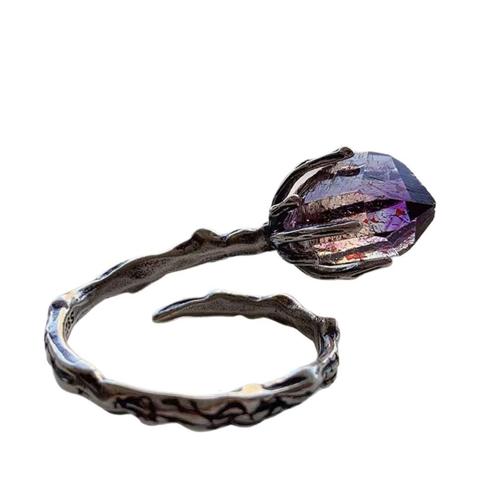 YUJI Personalized Creative Open Tree Branch Flower Holder Artificial Amethyst Inlaid Diamond Unique Ring for Women