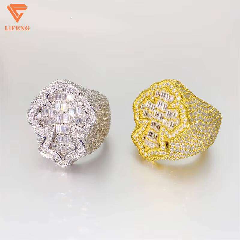 New Trendy Men's Sterling Sier Gold-Plated Baguette Cut Cross Ring VVS Moissanite Dia Custom Hip Hop