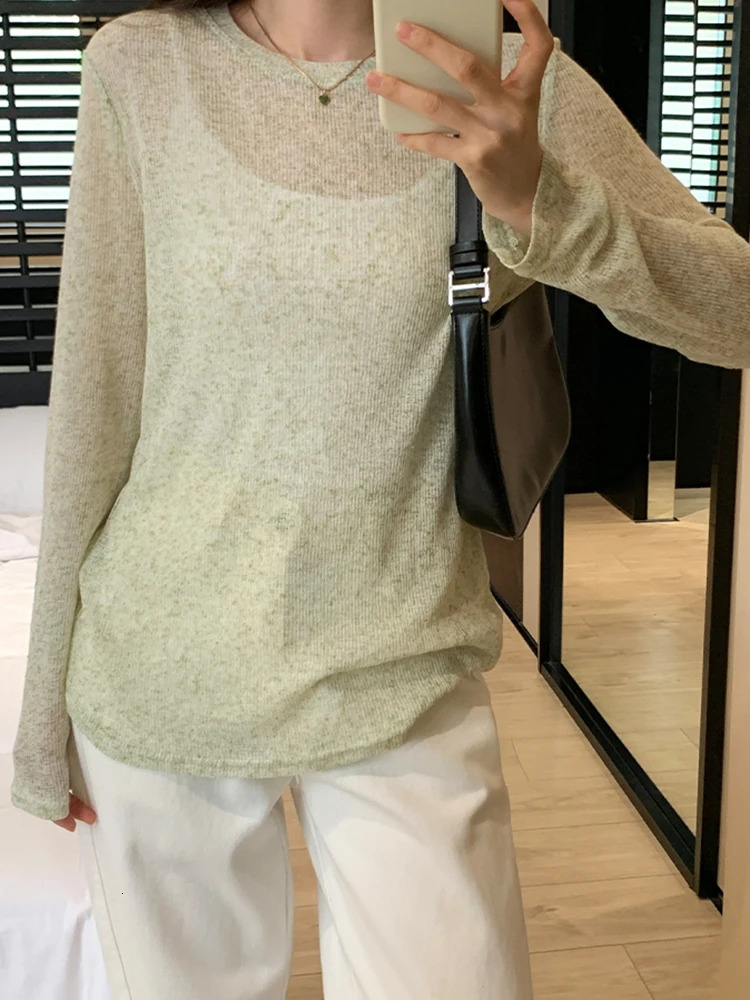 Sexy Knit Seethrough Women Tshirt Tops Solid Long Sleeve O Neck Loose Tshirts Female Casual Streetwear Base Tees 250728