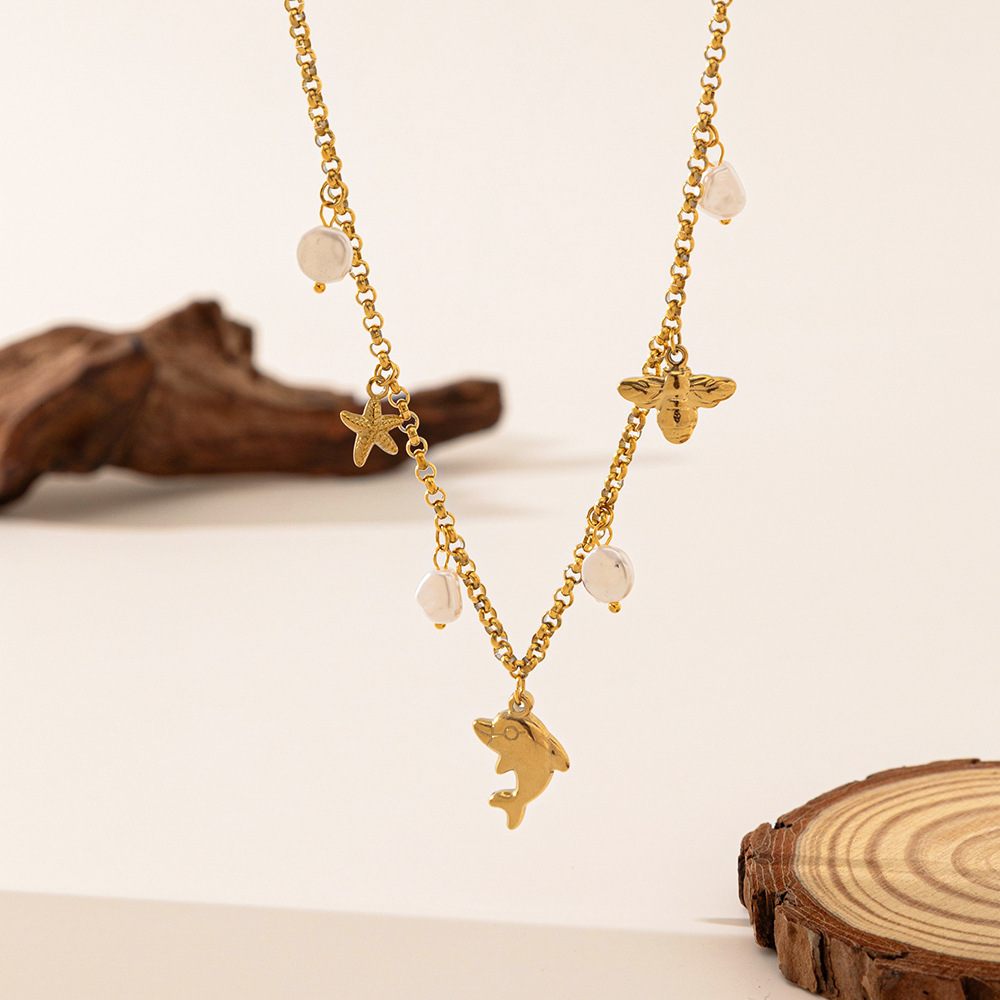 Ocean Series Pearl Starfish Turtle Pendant Stainless Steel Long Necklace Non-Fading Collarbone Chain for Women ddmythur