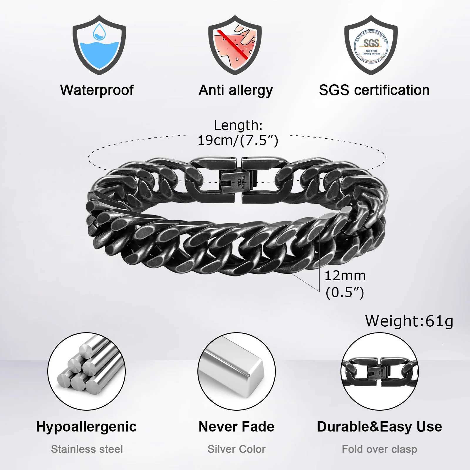 8mm/12mm Bold Heavy Stainless Steel Cuban Bracelets for Men Boys Oxidized Metal Wristband Punk Rock Chain Bracelet Jewelry W250728