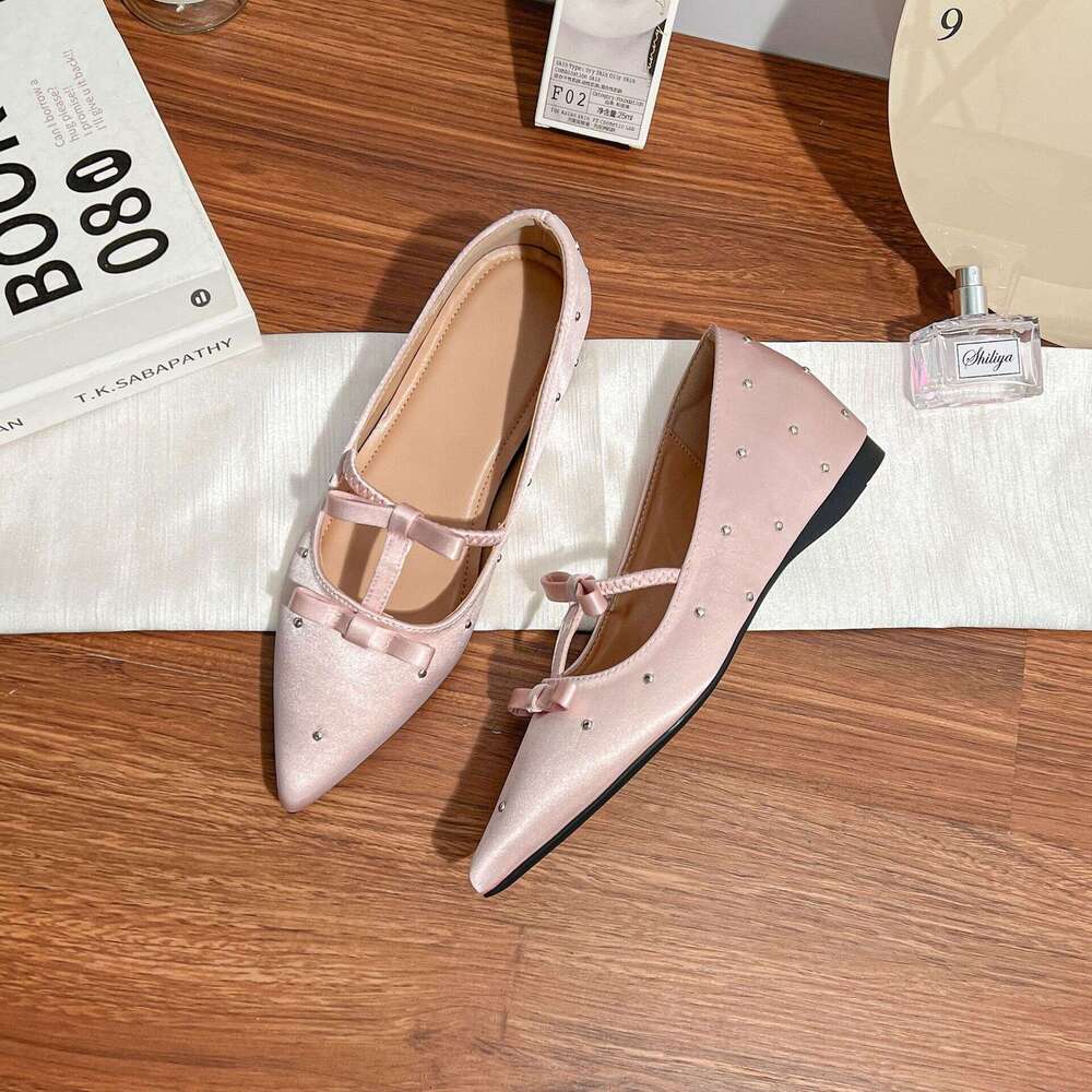Hidden Heel Flat for Women with Bowknot Pointed Toe Strap Elegant Soft Sole Comfortable Rivet Mary Jane Shoes