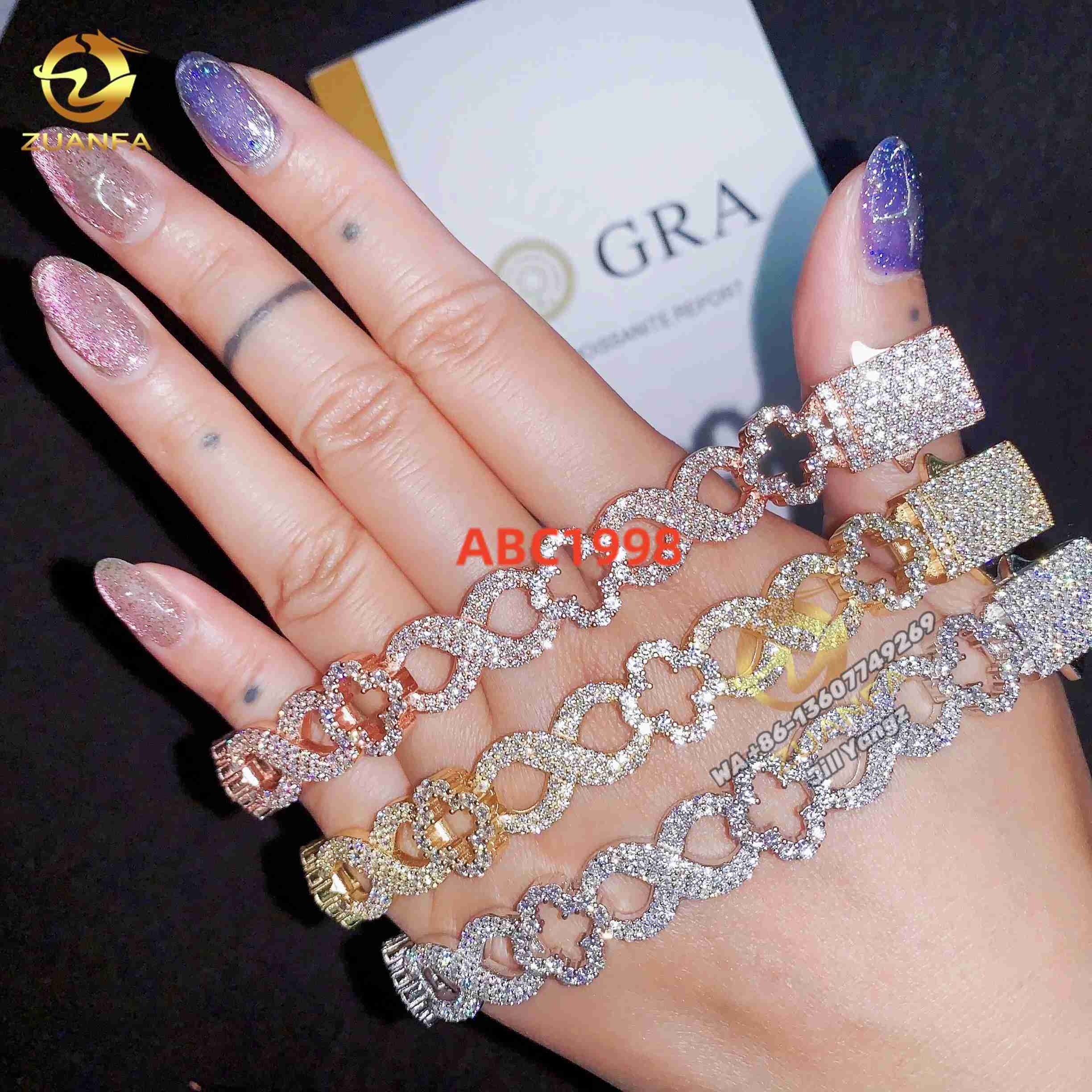 2025 New Year Gift for Girl New Design Hollow Out Clover Easy Clasp Cuban Link Chain Moissanite Cuban Link Bracelet