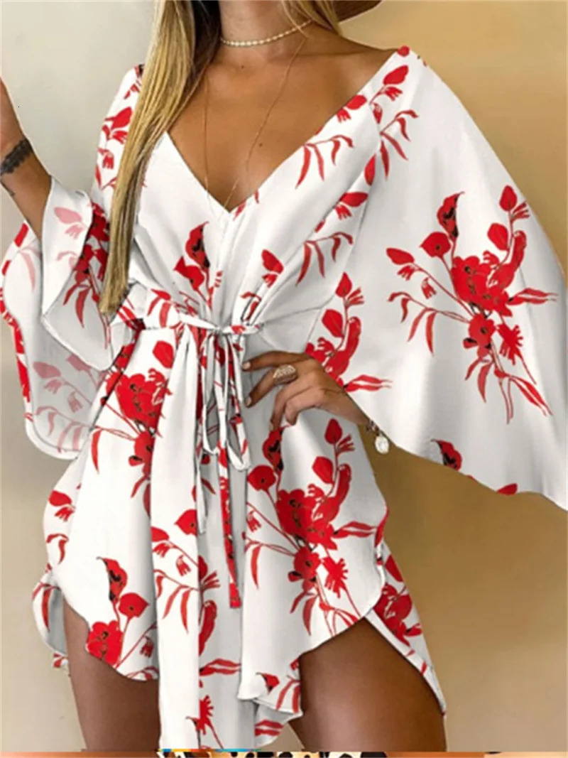 Women Print Dress Sexy VNeck Bat Sleeve Ruffle Flowers Bohemian Beach Sundress Ladies Loose Summer Vacation Mini Dresses 250728