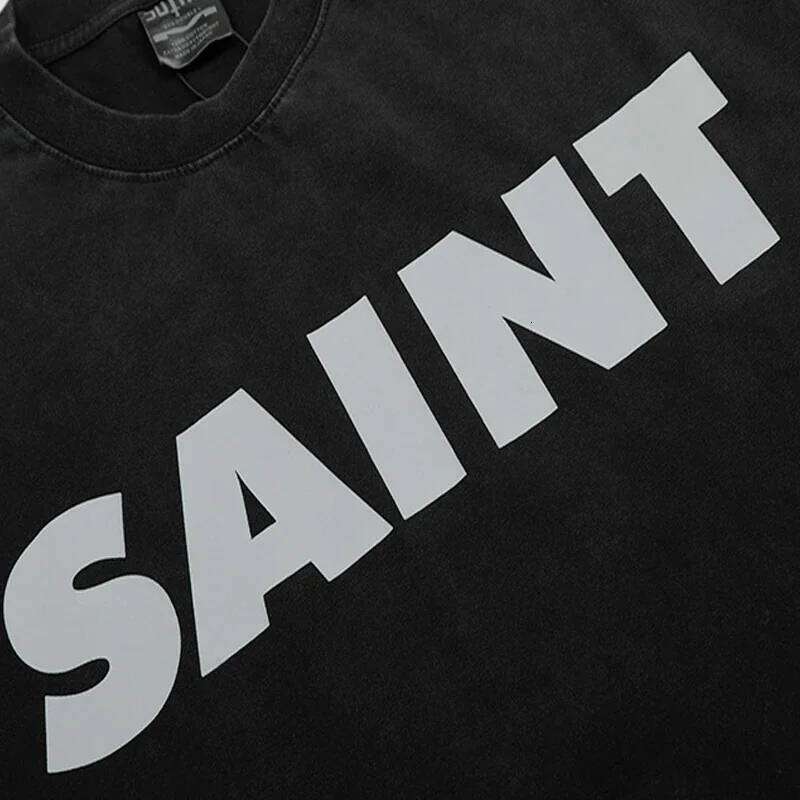 25SS Vintage Washed Black 100% Cotton T Shirt Men Women Casual Fashion Classic Letters Print Saint T-Shirt Oversized Tee