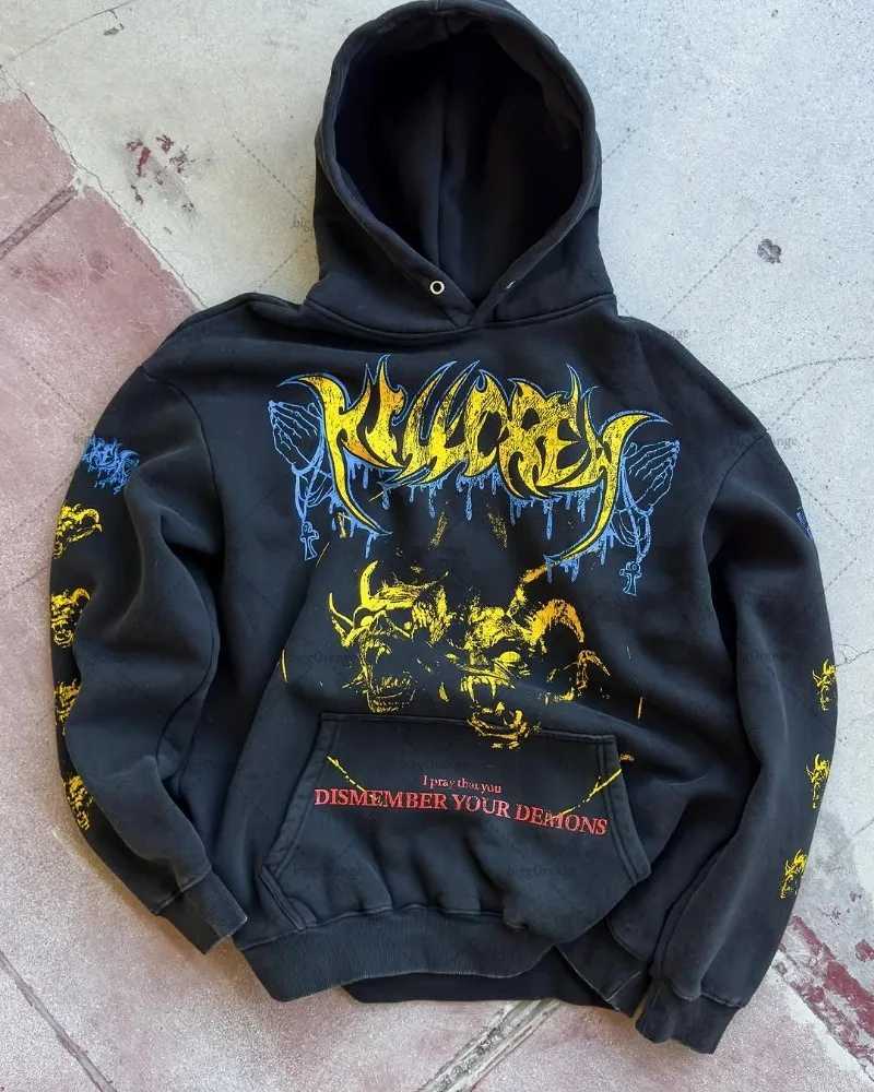 2025 Street Fashion Retro Hoodie Y2k Harajuku Devil Pattern Top European and American Gothic Punk Extra Large Mens Sportswear W250408