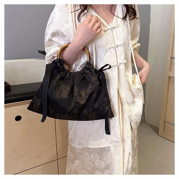 Golden printed dumpling bag, ancient style cheongsam banquet handbag, bamboo handle printed shoulder bag