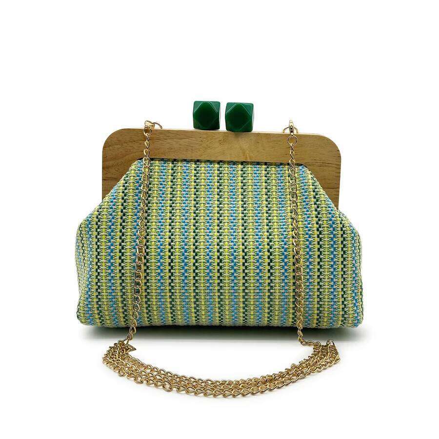 Colorful Striped PP Straw Clucth for Women Wooden Clip Shell Shoulder Crossbody Bags Casual Weave Summer Beach Bag 2025designer bag