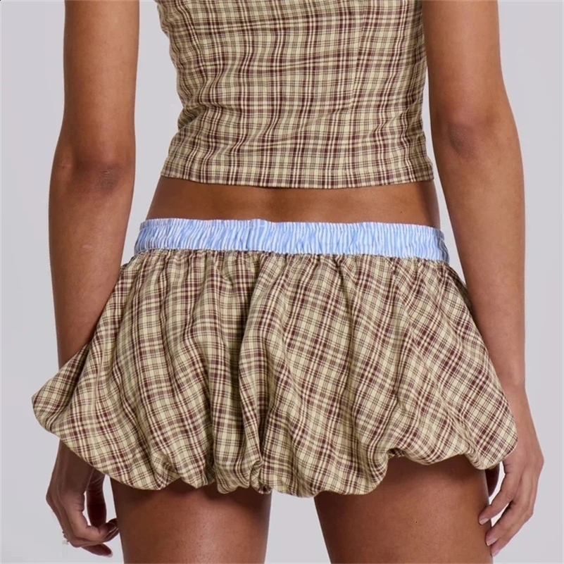 Khaki Mini Skirts Women A-line Casual Fashion Vintage Y2k Skirt Sweet Plaid puff skirt 2024 Summer Female Jupe Streetwear 250715