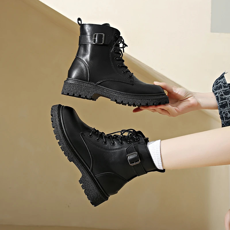 Minimalist Lace-up Combat Women Boots 4.5cm Chunky Heel Platform Women Boots British Style Thick Sole Increase Height Casual Boo 250725