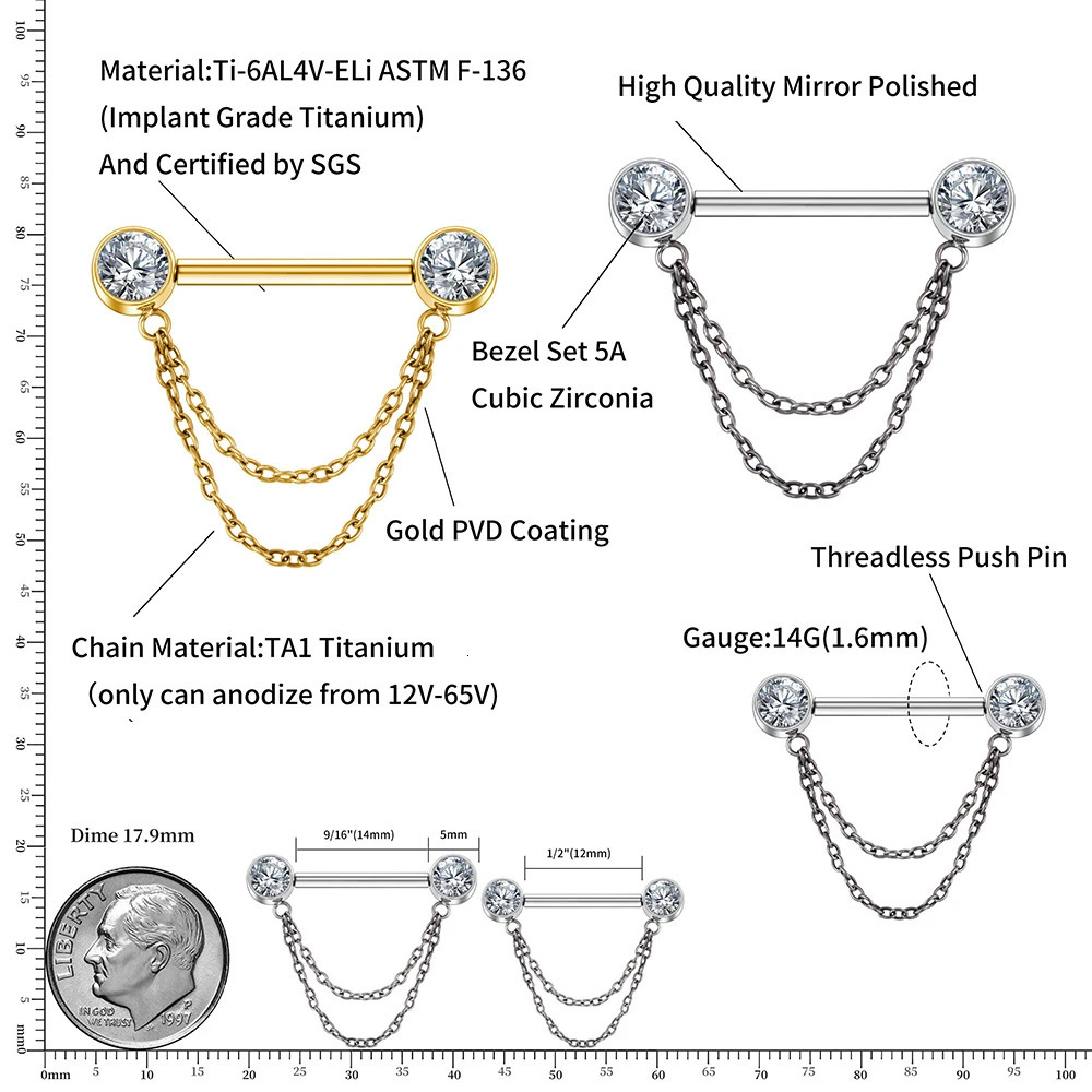 Right Grand ASTM 36 Double Chain Dangle Sparkle CZ Threadless Nipple Ring 14 Gauge Barbell Piercing 250722