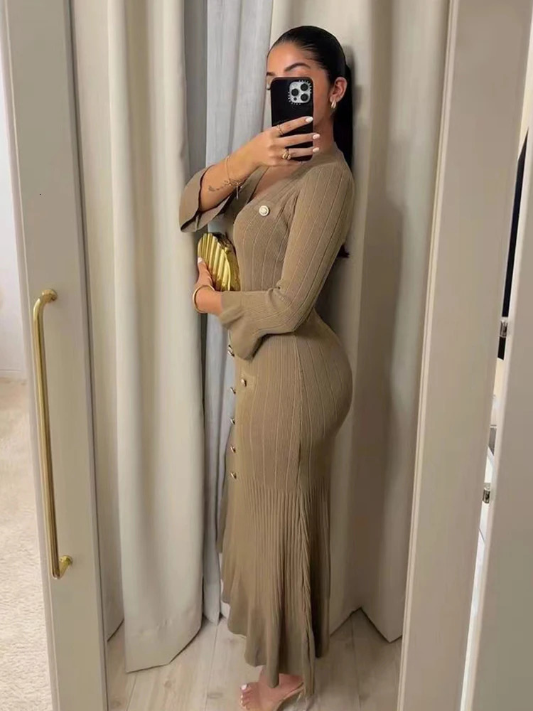 Elegant Knitted Long Dress Women Flare Sleeve V Neck Ruffles Single Breasted Bodycon Dresses Party Fashion Office Lady Dresses 250728