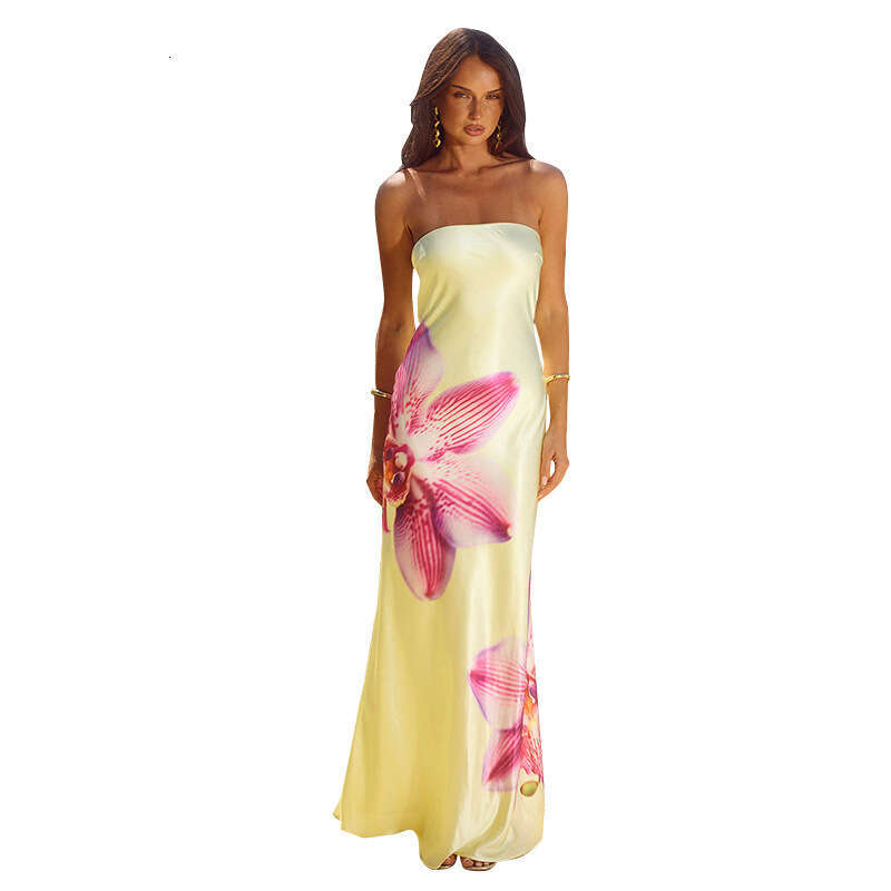 F24ds372 Women's Autumn Winter Strapless Hollow Out Backless Floral Print A-Line Dress B5