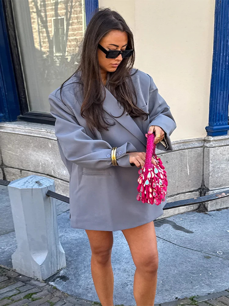 High Street Solid Blazers Women Loose Single Breasted Side Split Lapel Full Sleeve Coats Female Summer Fall Lady Outerwear 250728