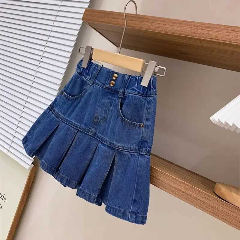 Girls Denim Skirt Pants 4-12Y Children Summer Clothing Spring Autumn College Style High Waisted Washed Denim Pleated Skirt R250728