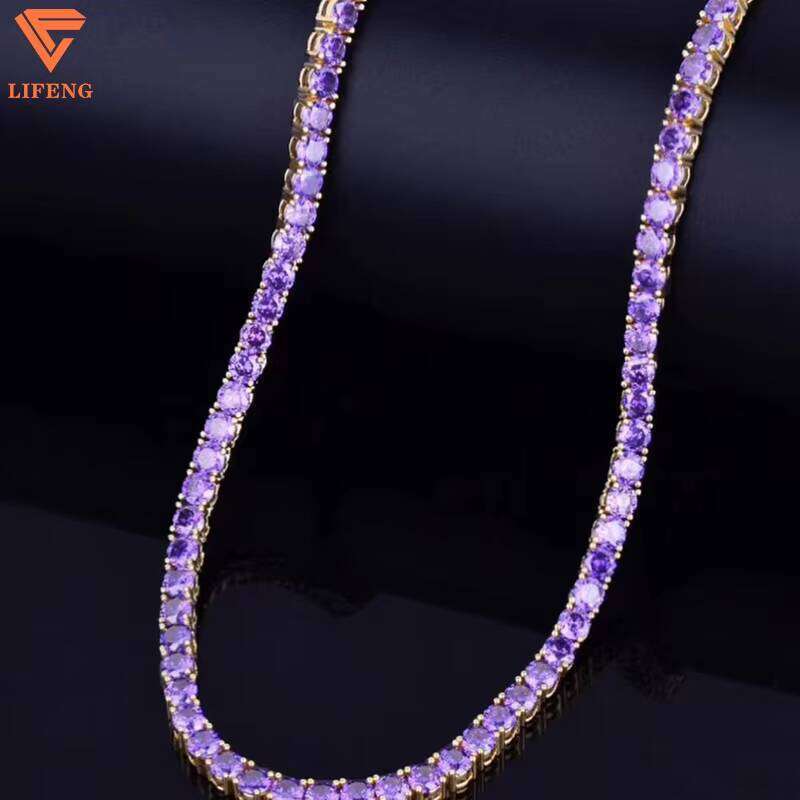 Lifeng Jewelry Custom 8mm Single Row Iced Out Purple VVS Moissanite Gold Plated Sterling Sier Tennis Chain