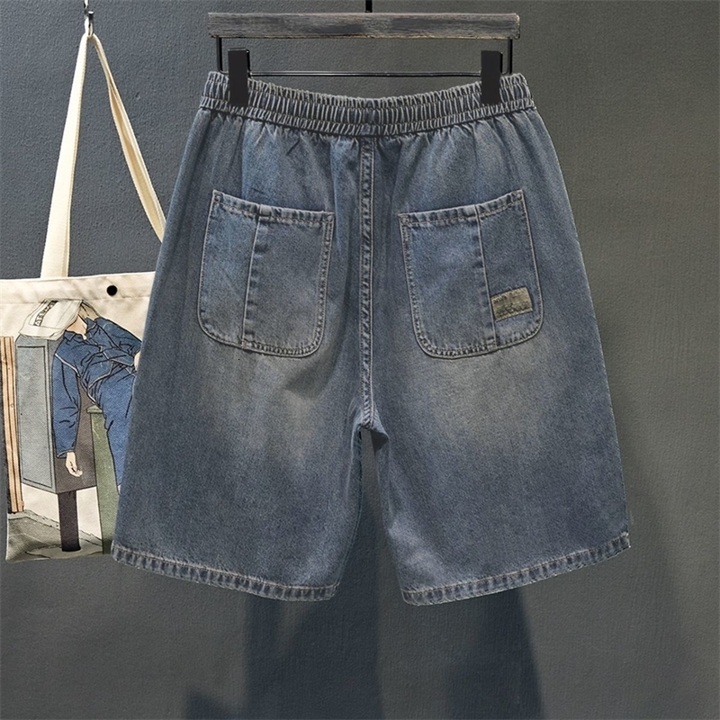 Male Denim Shorts with Pockets Mens Short Jeans Pants Straight Elastic Waist Drawstring Blue Sale Original in Vintage Retro 250701
